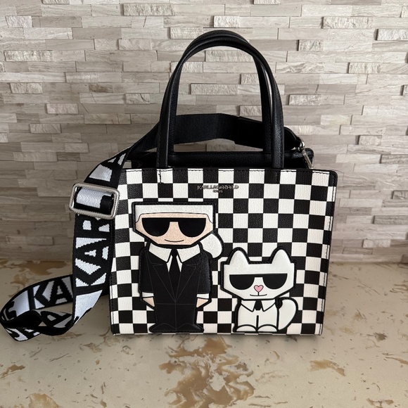 New KARL LAGERFELD PARIS Maybelle Black Checkered Karl Cat Crossbody Bag - Picture 1 of 11